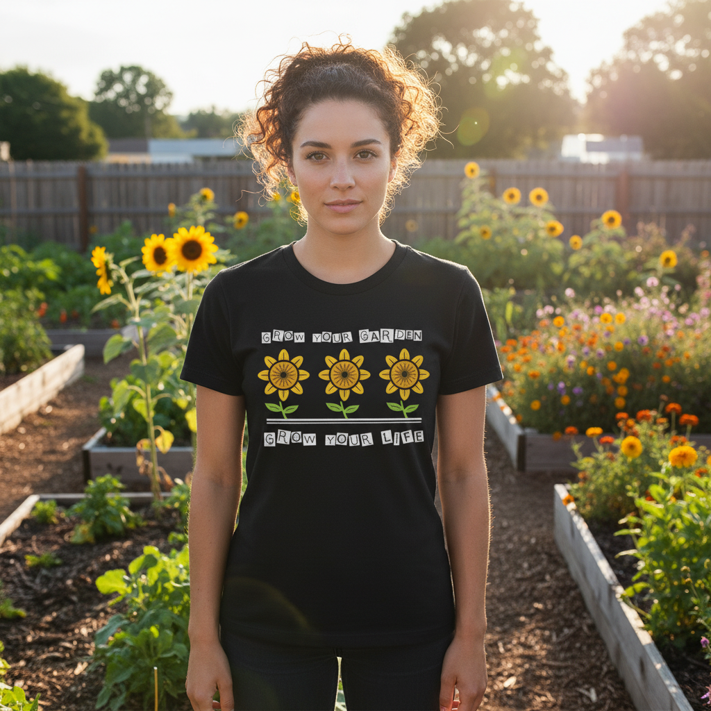 Gardening Unisex T Shirt With Three Sunflowers And Messages Grow Your Garden And Grow Your Life