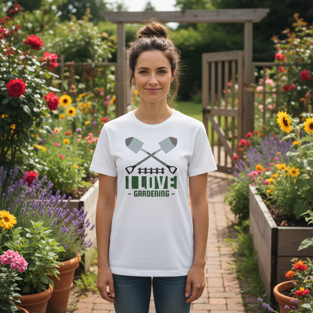 Unisex Gardening T Shirt With Crossed Shovels Emblem And Love Gardening Graphic Artwork