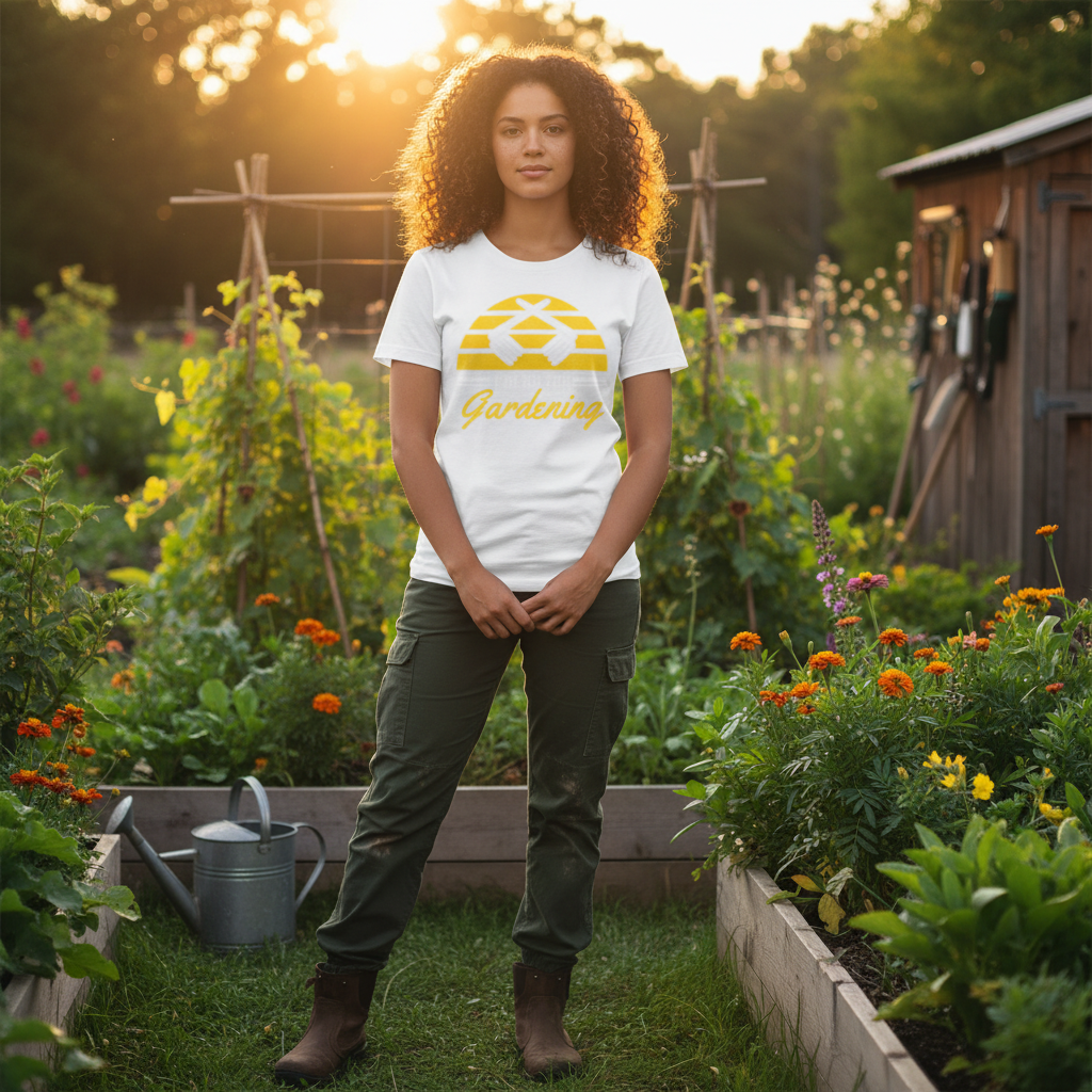 Unisex Gardening Graphic T Shirt With Yellow Sunburst Stripes And Clasped Hands Icon And Gardening Script