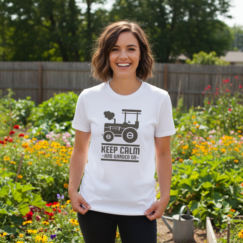 Unisex Gardening T Shirt With Classic Tractor Graphic And Keep Calm And Garden On Print