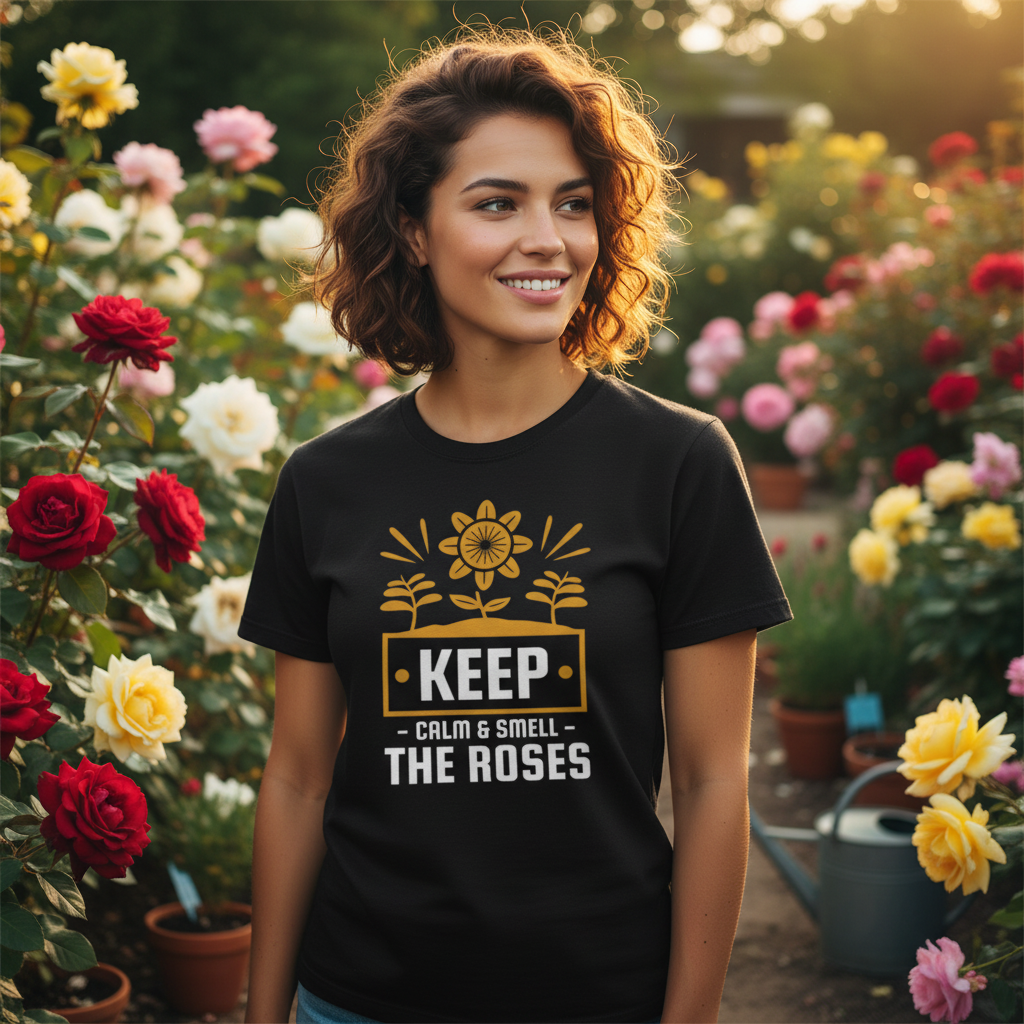 Unisex Gardening T Shirt With Keep Calm And Smell The Roses Sunflower Floral Graphic