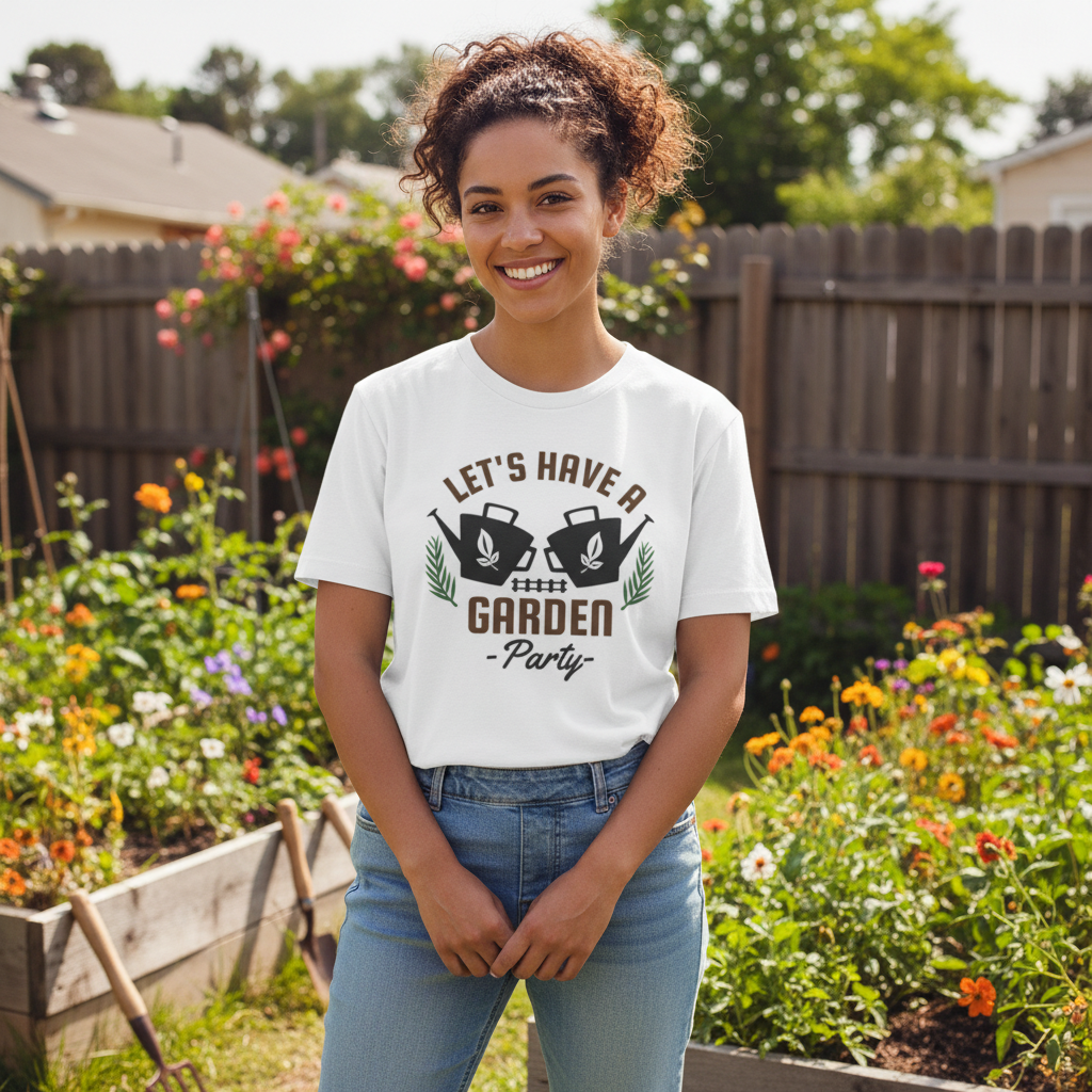 Gardening Themed Unisex T Shirt With Garden Party Graphic Featuring Watering Cans And Leaves