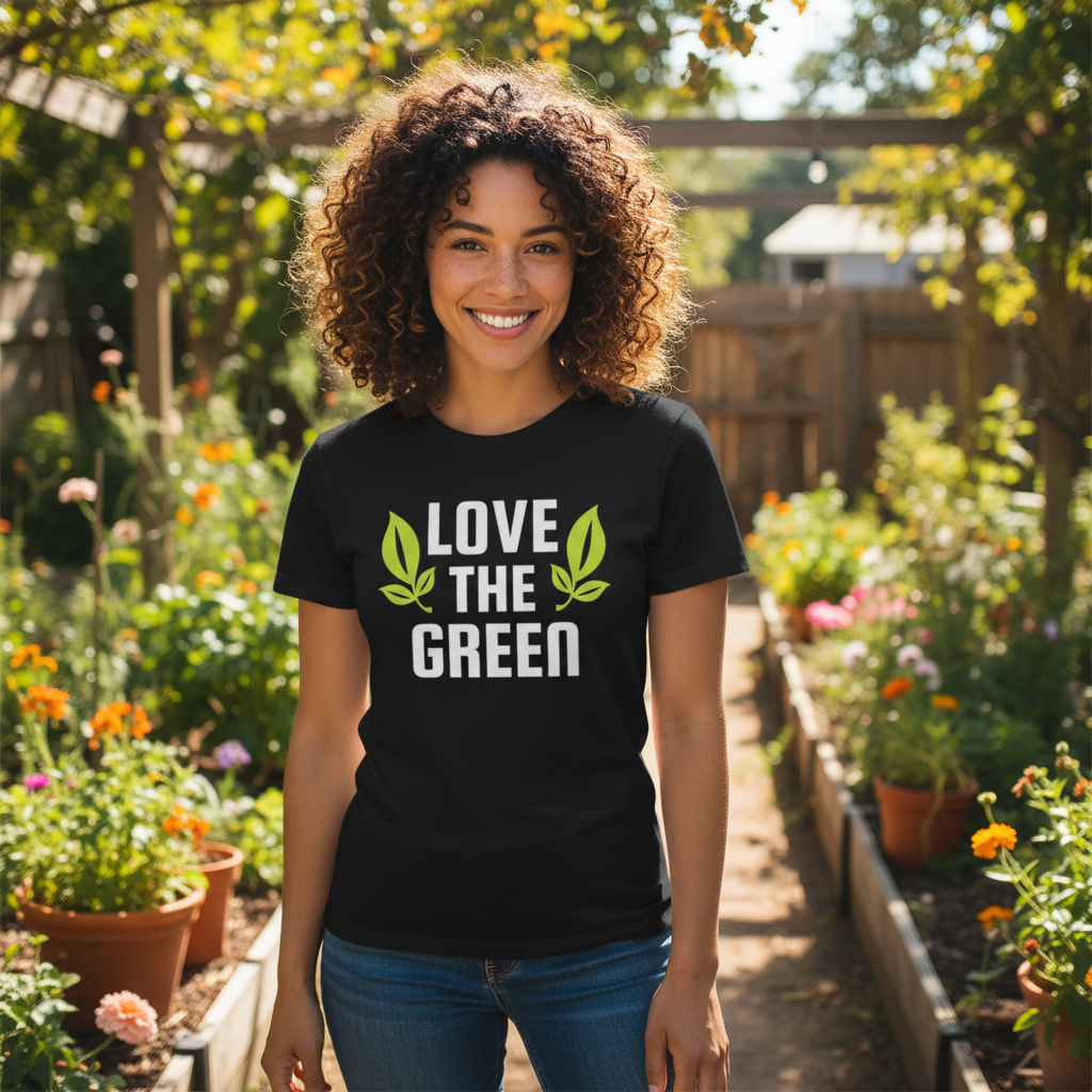 Love The Green Unisex Gardening Tee With Leaf Print Design For Eco Conscious Wear All Day Comfort