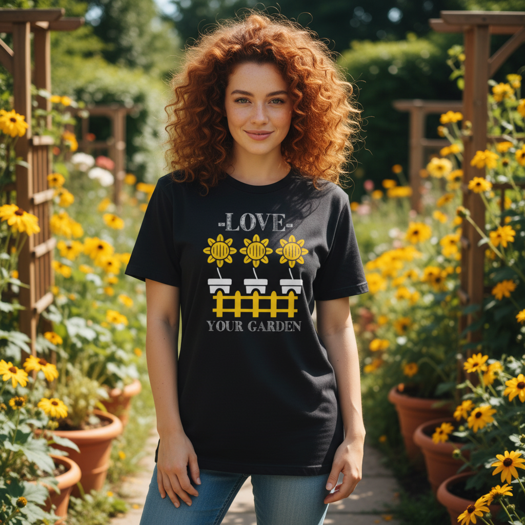 Sunflower Garden Tee With Potted Flowers And Fence Design
