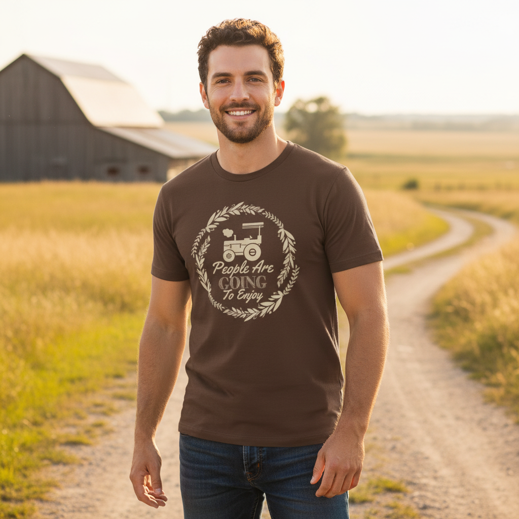 Gardening Themed Unisex T Shirt With Tractor Emblem And Laurel Circle Design Graphic Print
