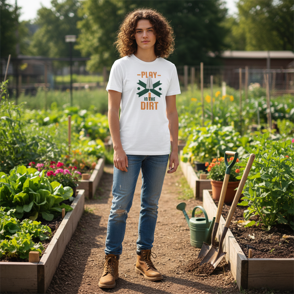 Play In The Dirt Gardening Graphic Tee For Unisex Adults With Trowel Emblem And Bold Typography