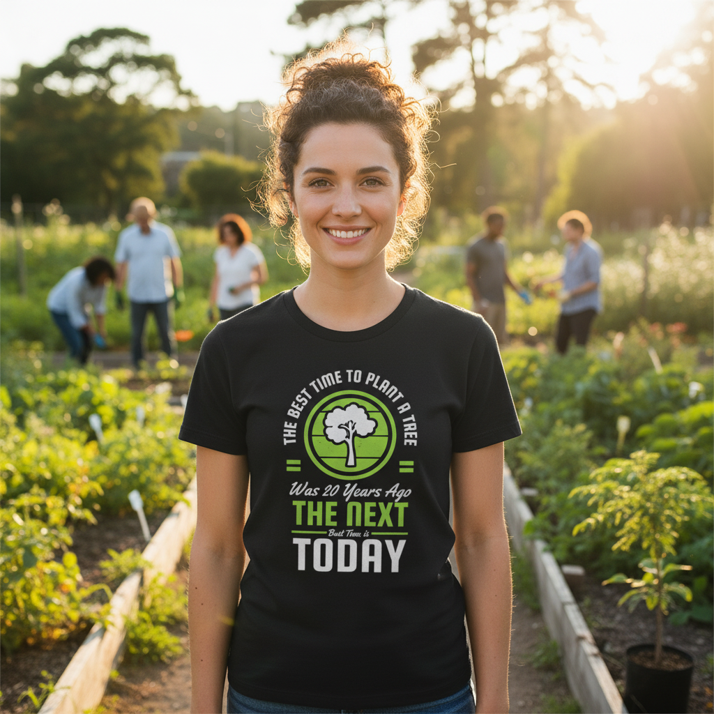 Gardening Unisex Graphic Tee With Green Tree Emblem Circular Logo And The Next Today Design