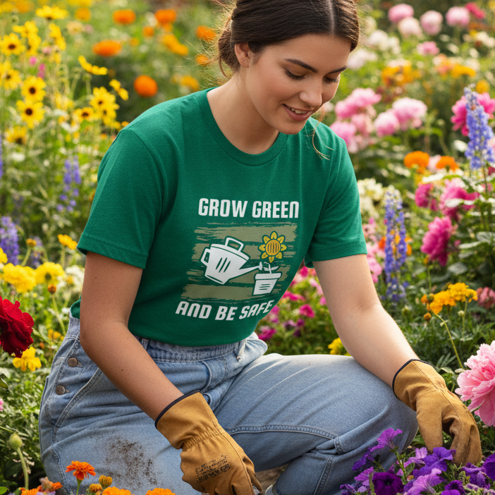 Unisex Gardening T Shirt With Grow Green And Be Safe Design Featuring Watering Can And Sunflower