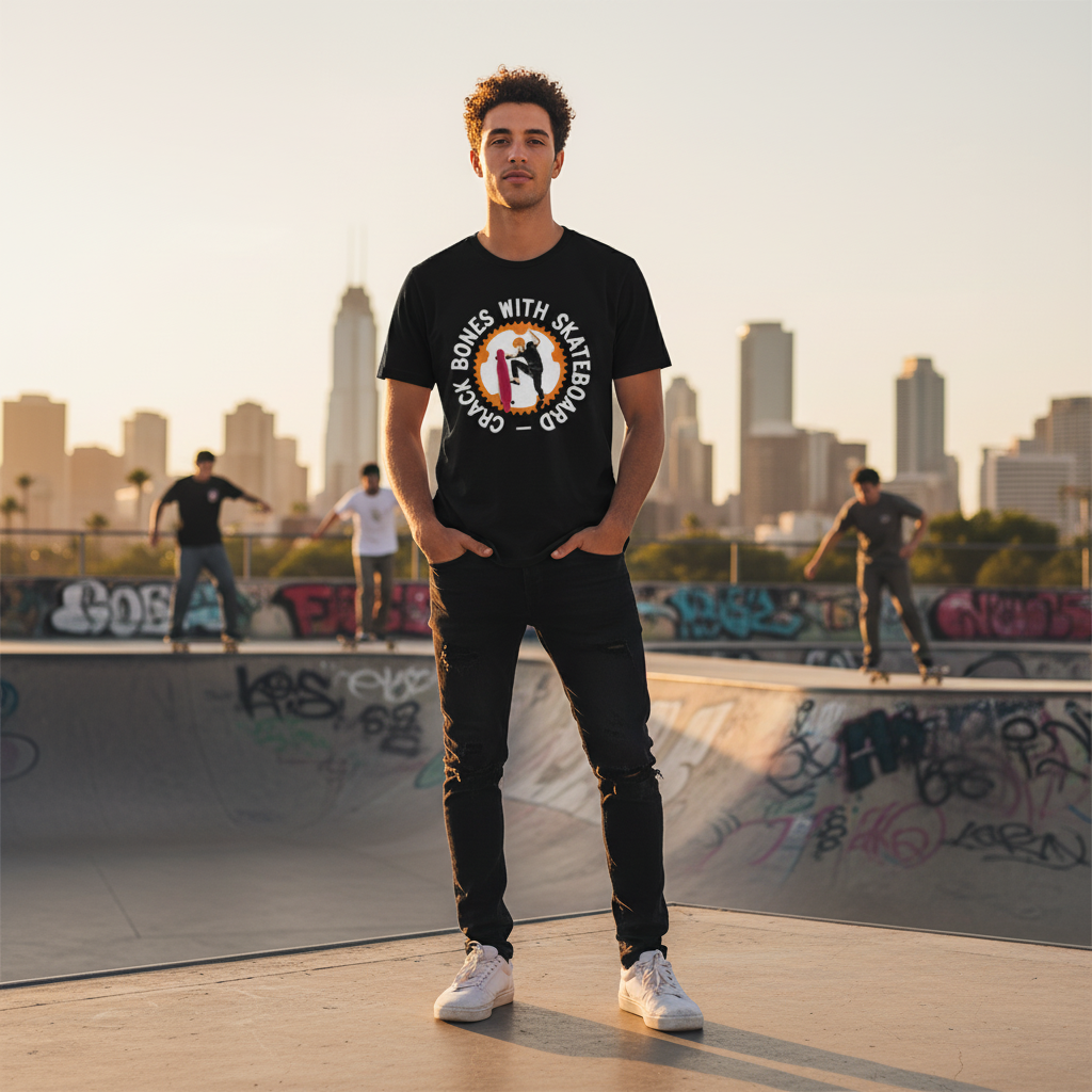 Unisex Skateboarding Graphic Tee With Circular Gear Design Featuring Rider Performing Trick