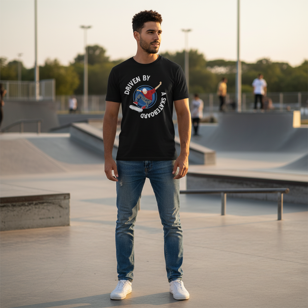 Skateboarder Graphic Tee With Circular Emblem Reading Driven By A Skateboard For Unisex Short Sleeve Shirt