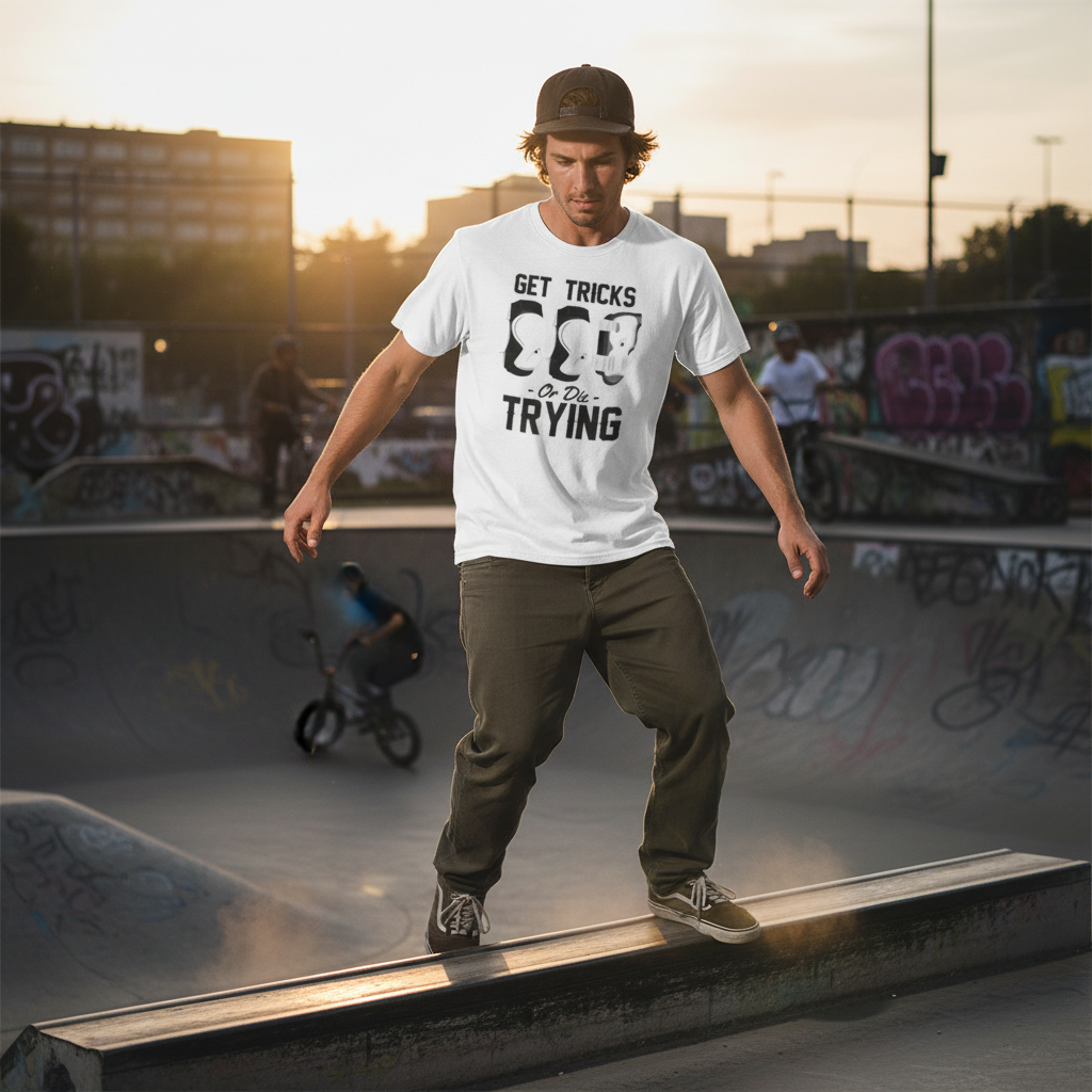 Unisex Skateboarding T Shirt With Get Tricks Or Die Trying Graphic Print For Fans