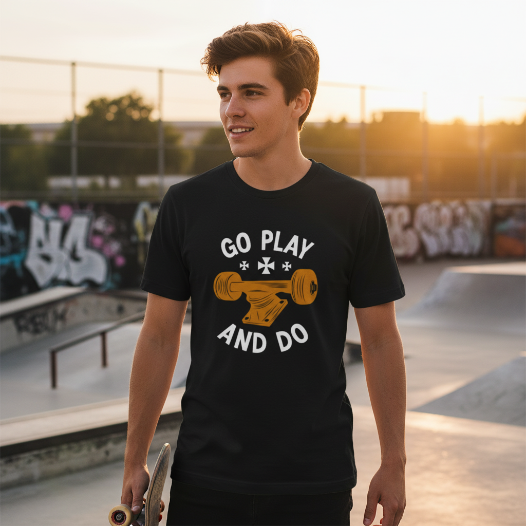 Unisex Skateboard Graphic Tee With Orange Deck Illustration And Go Play And Do Motto