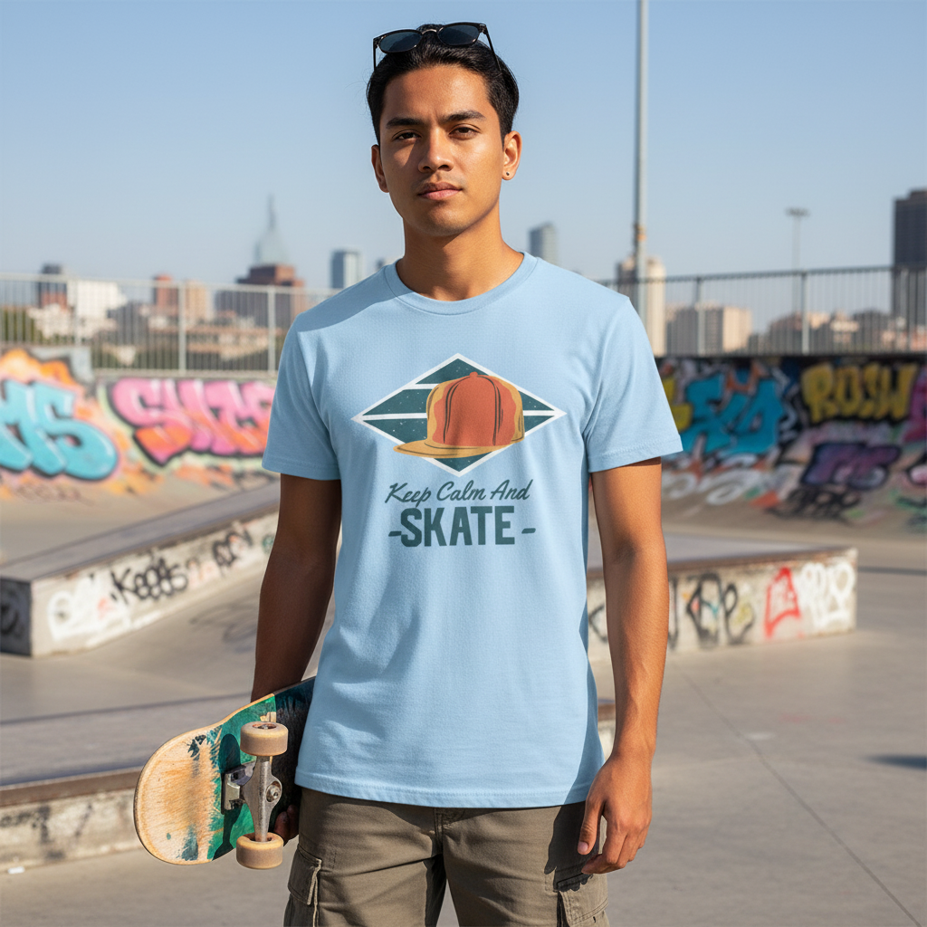 Keep Calm And Skate Graphic Tee With Orange Cap Inside Teal Diamond Frame For Streetwear Style