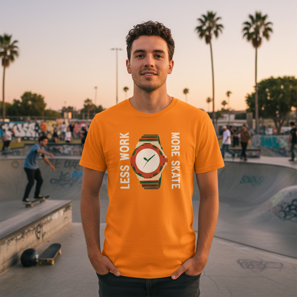 Unisex Skateboard Graphic T Shirt With Colorful Watch Illustration And Less Work More Skate Slogan