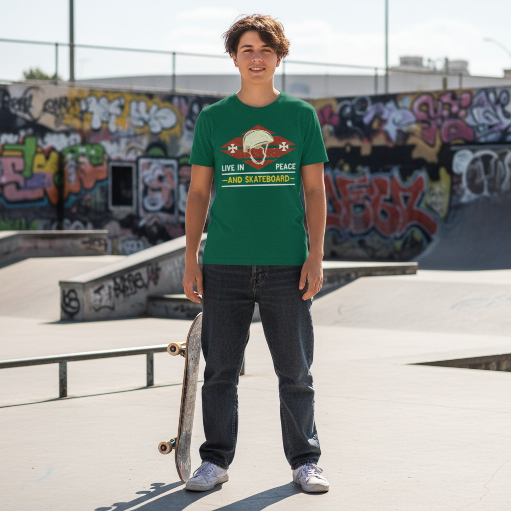 Unisex Skateboard T Shirt With Vintage Helmet Graphic And Live In Peace And Skateboard Message