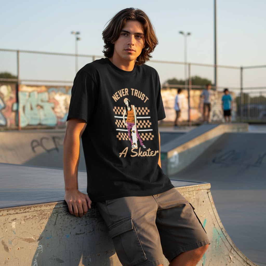 Never Trust A Skater Graphic Tee Featuring Female Skateboarder In Orange Pants And Checkerboard Background