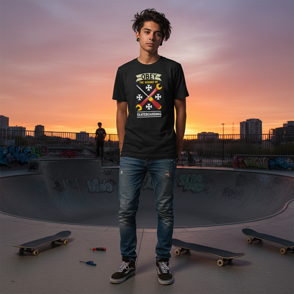 Obey The Science Of Skateboarding Graphic Tee With Wrench Icon Artwork For Unisex Wear