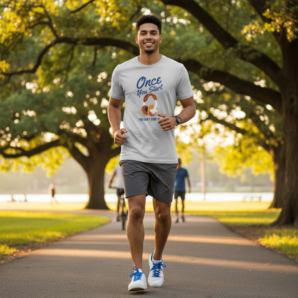 Unisex Graphic T Shirt With Headphones Saying Once You Start You Can't Stop It Forever