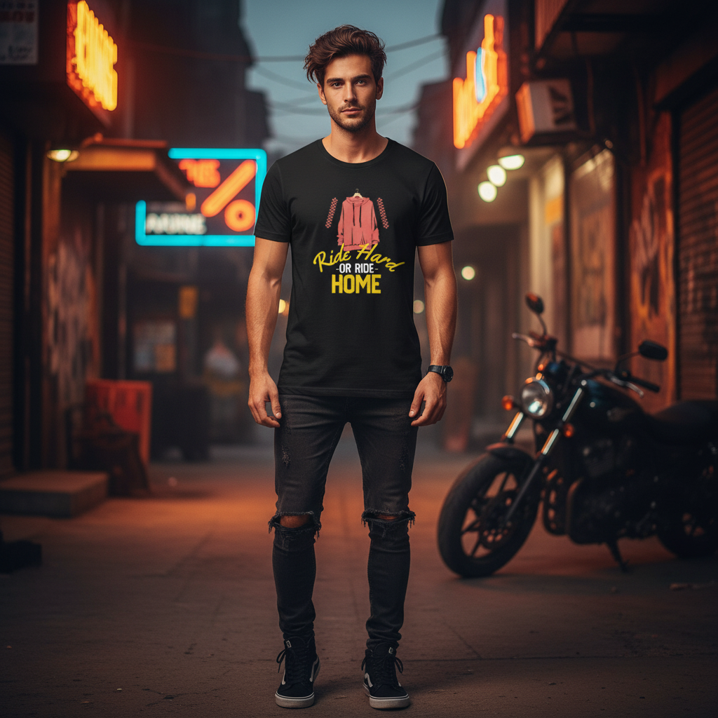 Unisex Skateboard Graphic Tee With Pink Hoodie Illustration And Ride Hard Or Ride Home Text