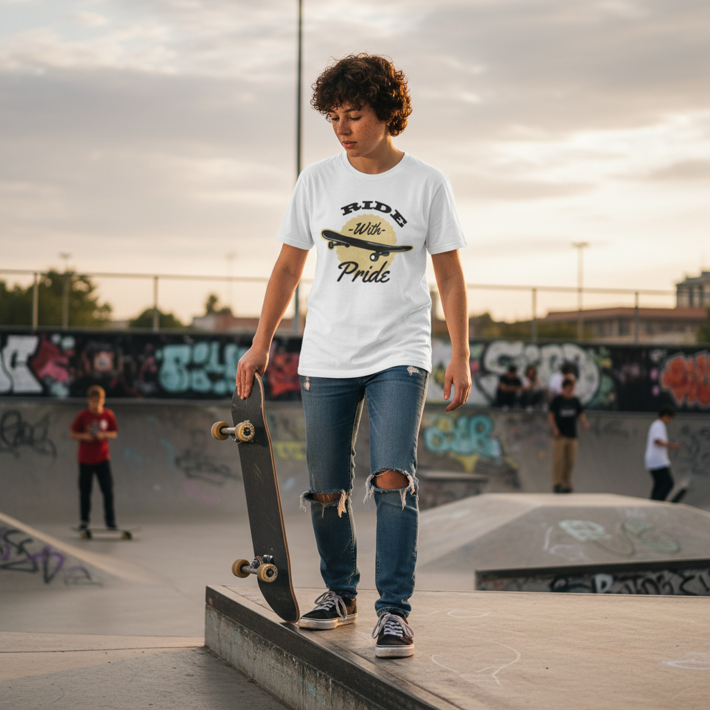Unisex Skateboarding T Shirt With Ride With Pride Graphic Print Featuring Classic Skateboard Illustration