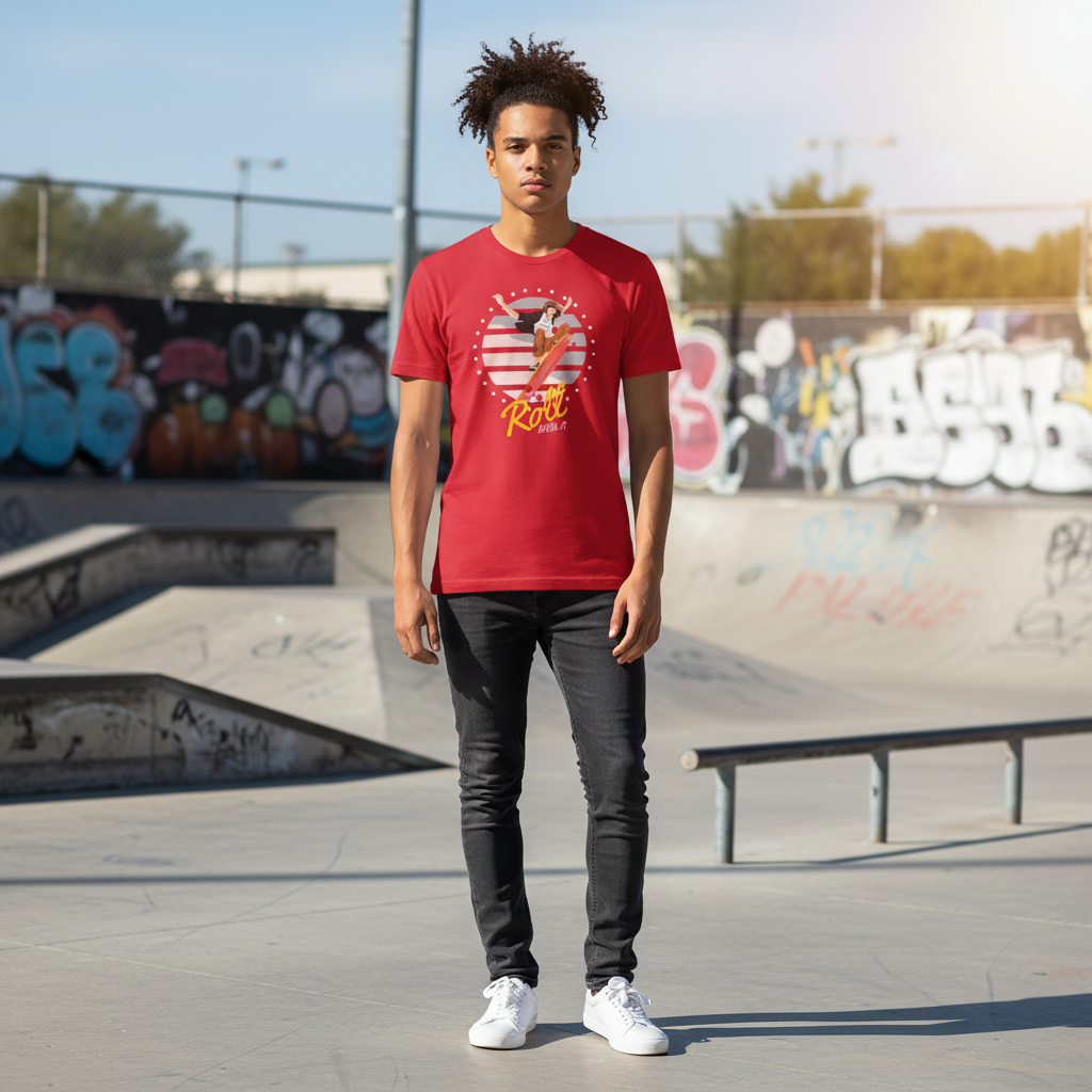 Unisex Skateboard Graphic T Shirt Featuring Skater Jump And Roll With It Artwork