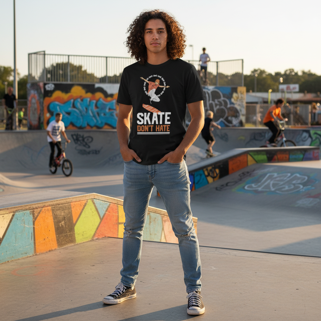 Skateboarder Silhouette Graphic Tee With Dont Hate Skateboard Motif Unisex Short Sleeve Shirt