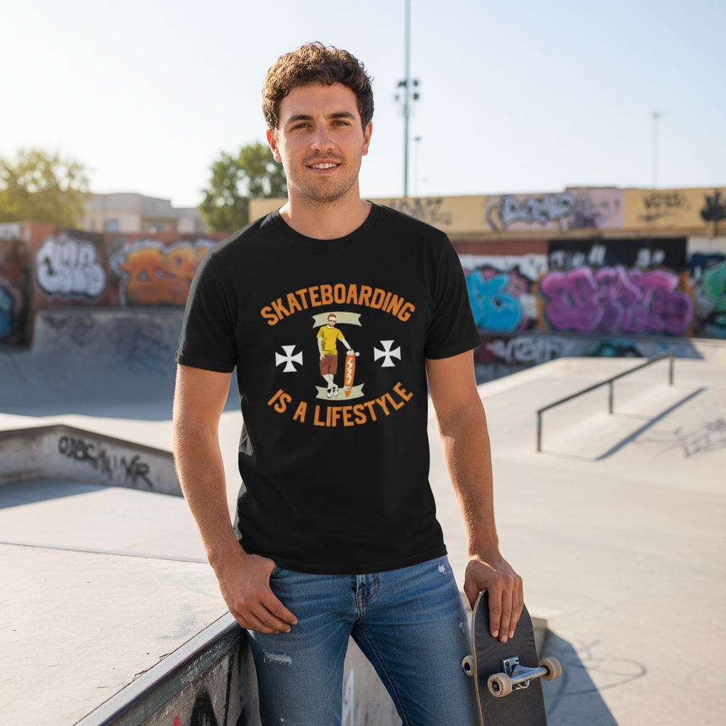 Unisex Skateboarding Graphic T Shirt With Centered Skater Illustration And Is A Lifestyle Arch Text