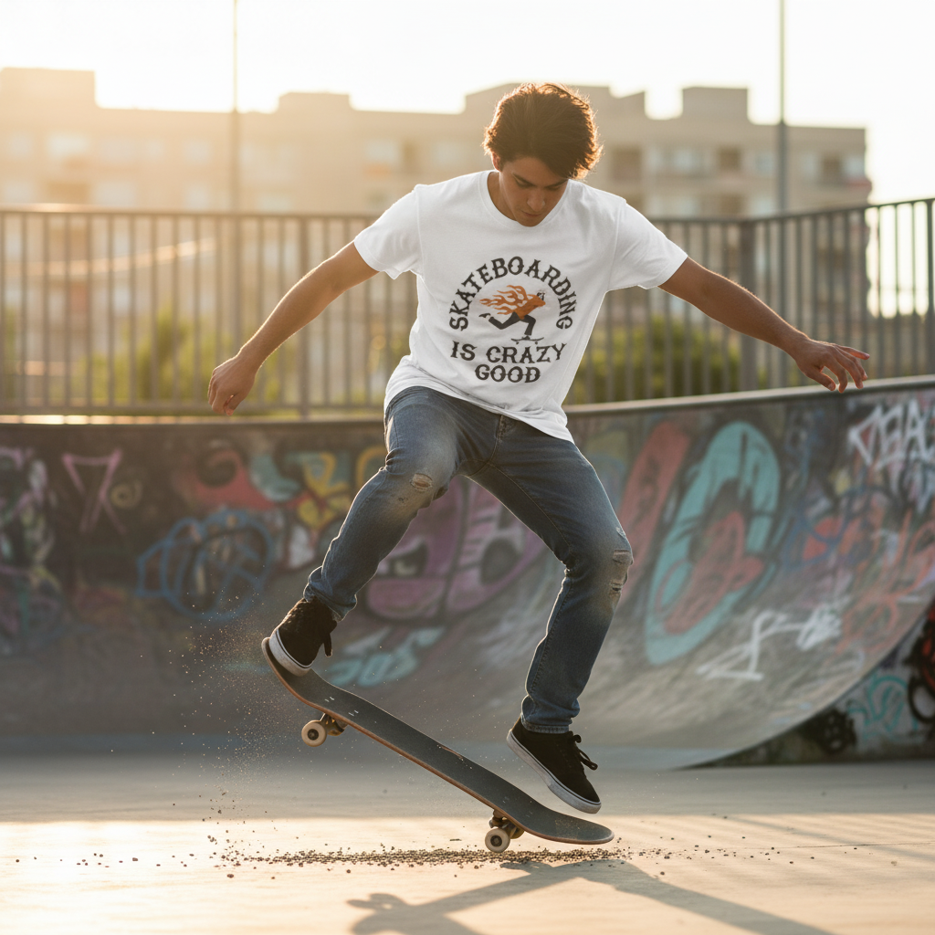 Unisex Skateboarding Graphic T Shirt With Flaming Skater Illustration And Is Crazy Good Text