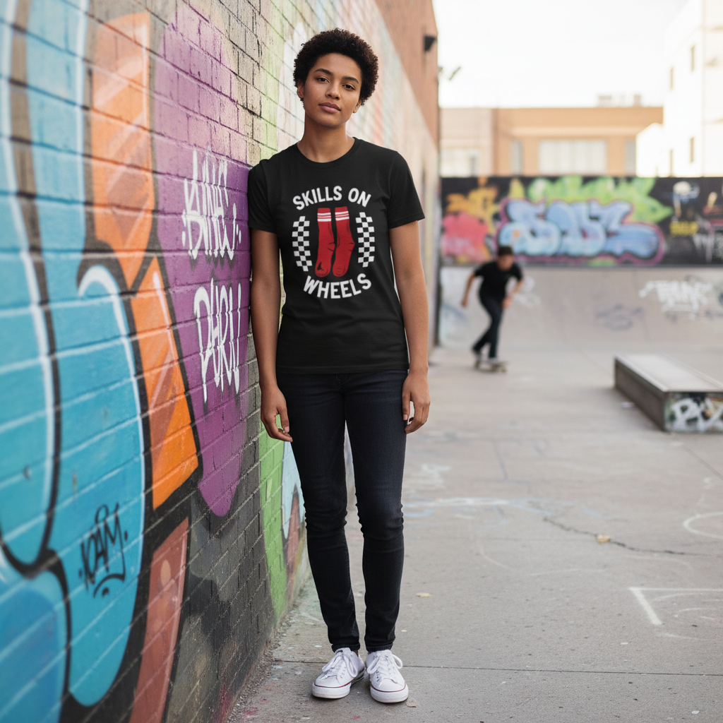 Unisex Skateboarding Graphic T Shirt With Skills On Wheels Red Socks Illustration