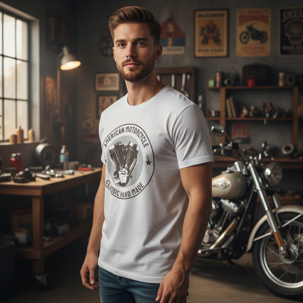 American Motorcycle Engine Emblem Unisex T Shirt Classic Hand Made Graphic Tee With Vintage Style Design