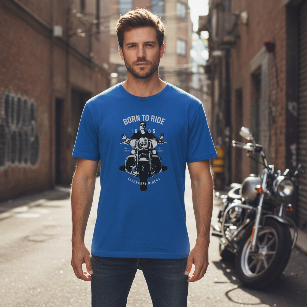 Born to Ride Motorcycle Graphic Unisex Tee Featuring Front View Bike Design and Vintage Rider Motto