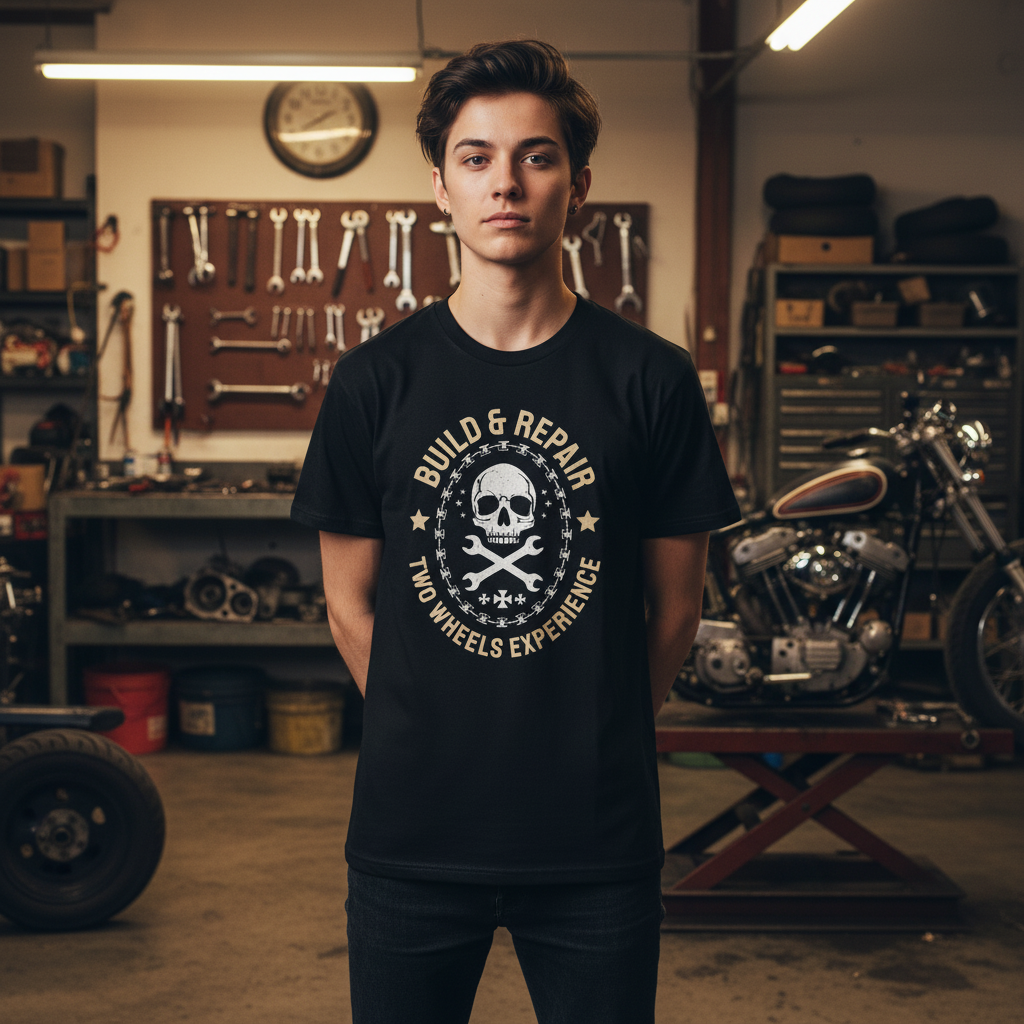 Unisex Motorcycle T Shirt With Skull Crest And Build And Repair Two Wheels Experience Graphic