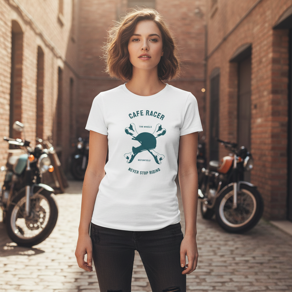 Cafe Racer Motorcycle Graphic Tee For Unisex Riders Featuring Classic Helmet And Crossed Wheels Motif Never Stop Riding