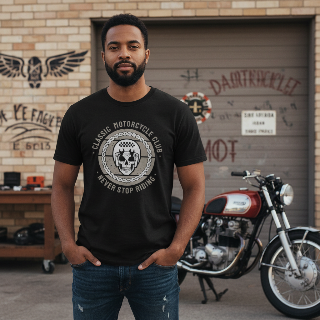 Unisex Classic Motorcycle Club Graphic Tee Featuring Never Stop Riding Emblem And Helmet Motif