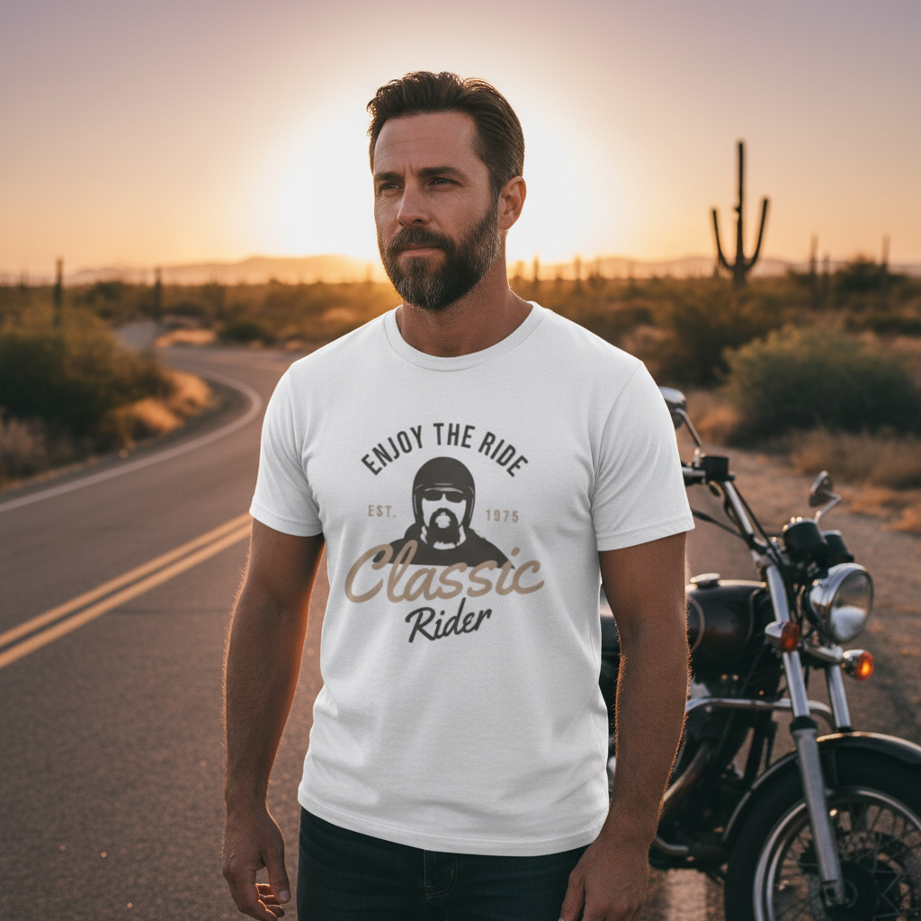 Unisex Motorcycle Graphic Tee Featuring Classic Rider Design With Vintage Elements Est 1975