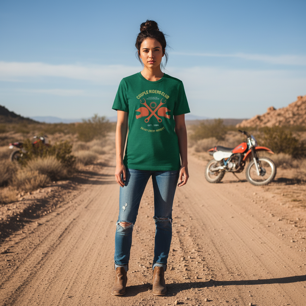 Couple Riders Club Graphic T Shirt With Wrench Emblem For Motorcycle Enthusiasts Worldwide