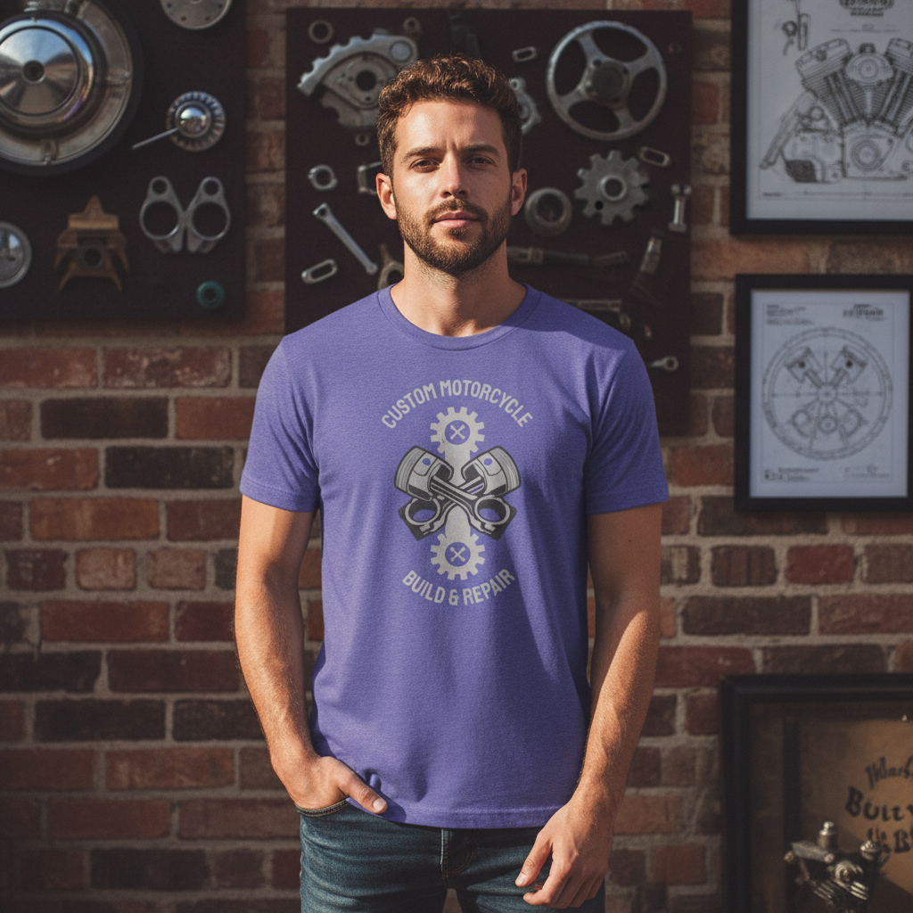 Custom Motorcycle Build And Repair Graphic Tee With Piston And Gear Emblems For Unisex Wear