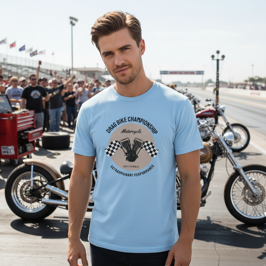 Drag Bike Championship Motorcycle Graphic Tee Unisex California Engine Artwork With Checkered Flags
