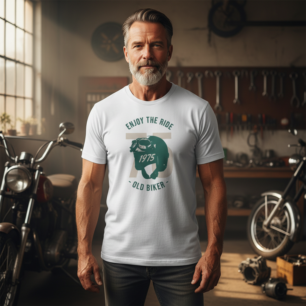 Motorcycle Graphic T Shirt For Men And Women With Rider Silhouette And 1975 Design