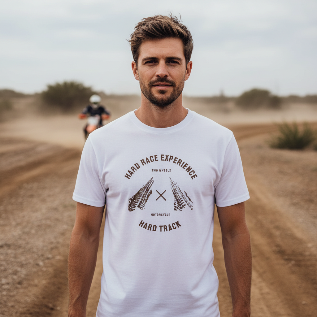 Unisex Motorcycle Track Racing Graphic Tee Featuring Circular Tire Track Design and Two Wheels Motif