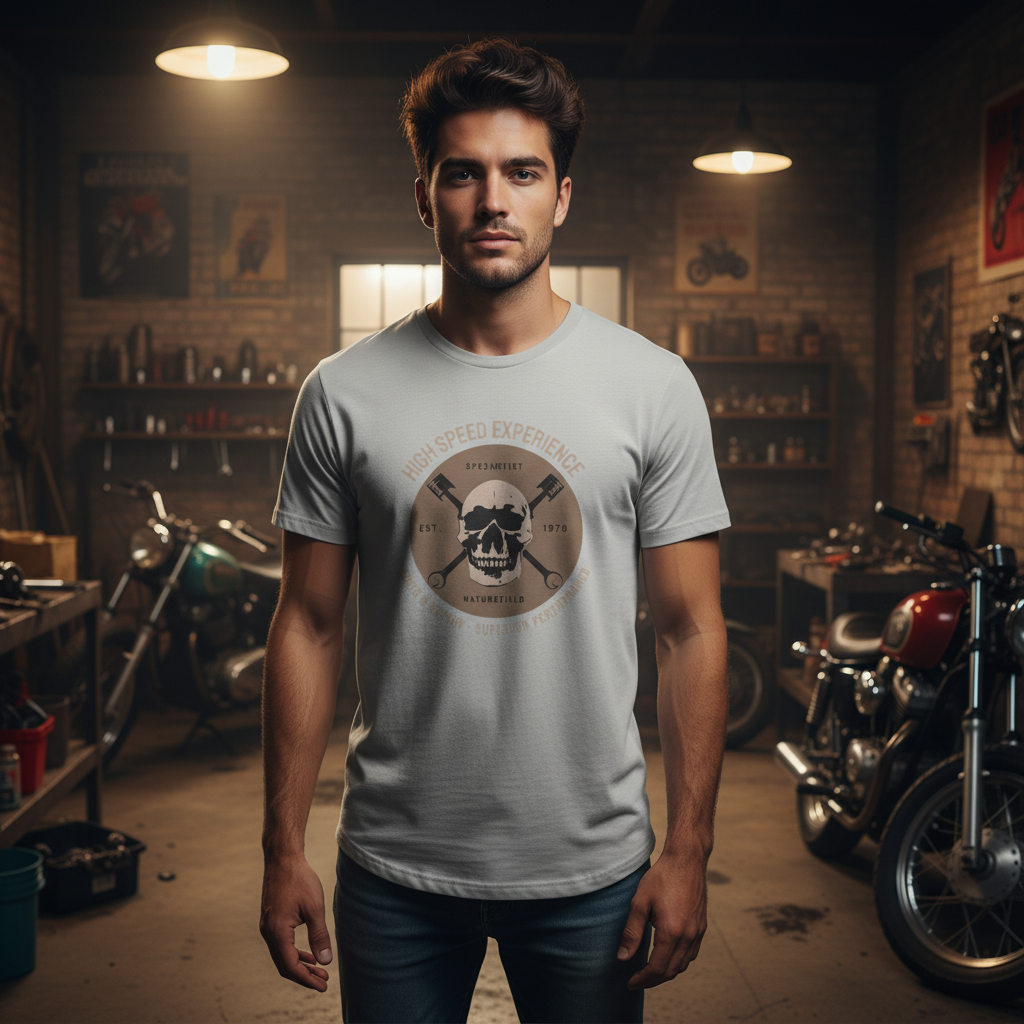 Motorcycle Skull Emblem Graphic T Shirt With Piston Crest For Men Women High Speed Experience