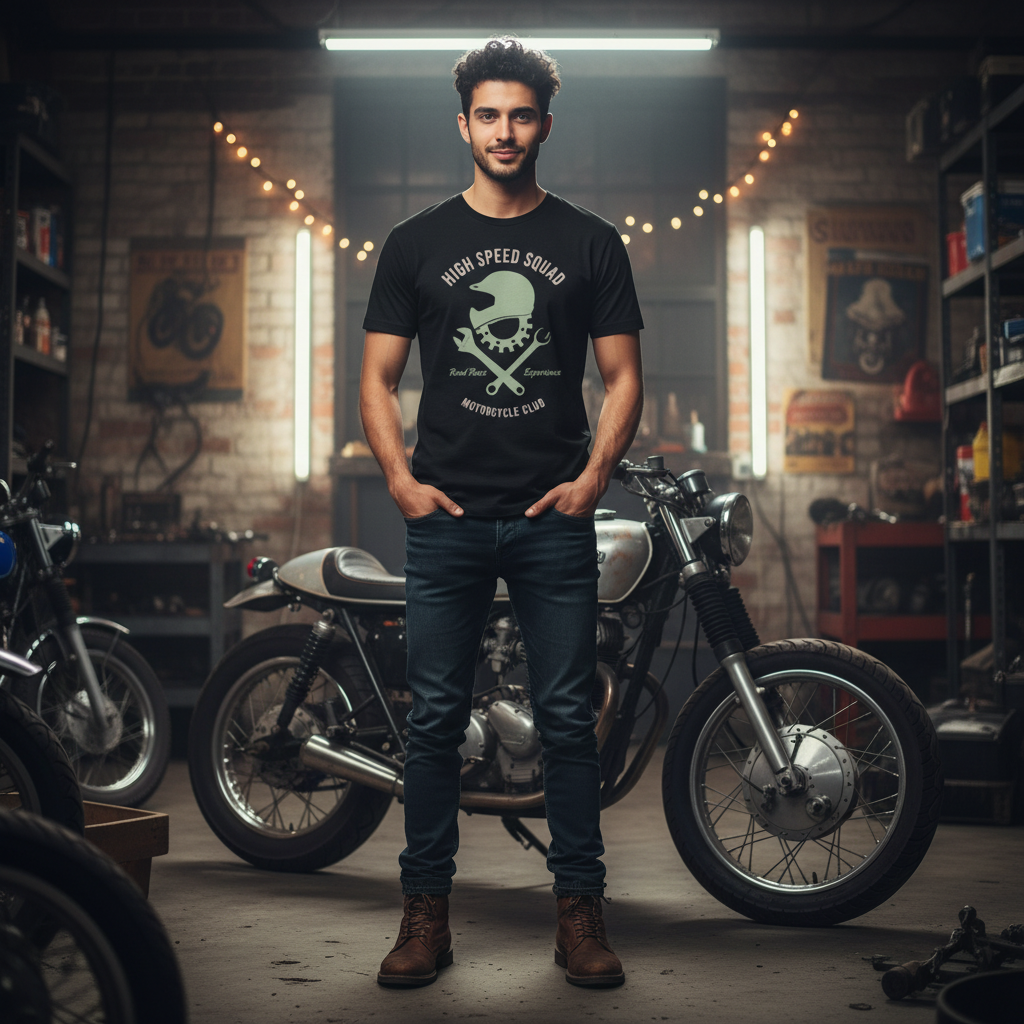 High Speed Squad Motorcycle Club Graphic Tee With Helmet Icon And Crossing Wrenches Unisex
