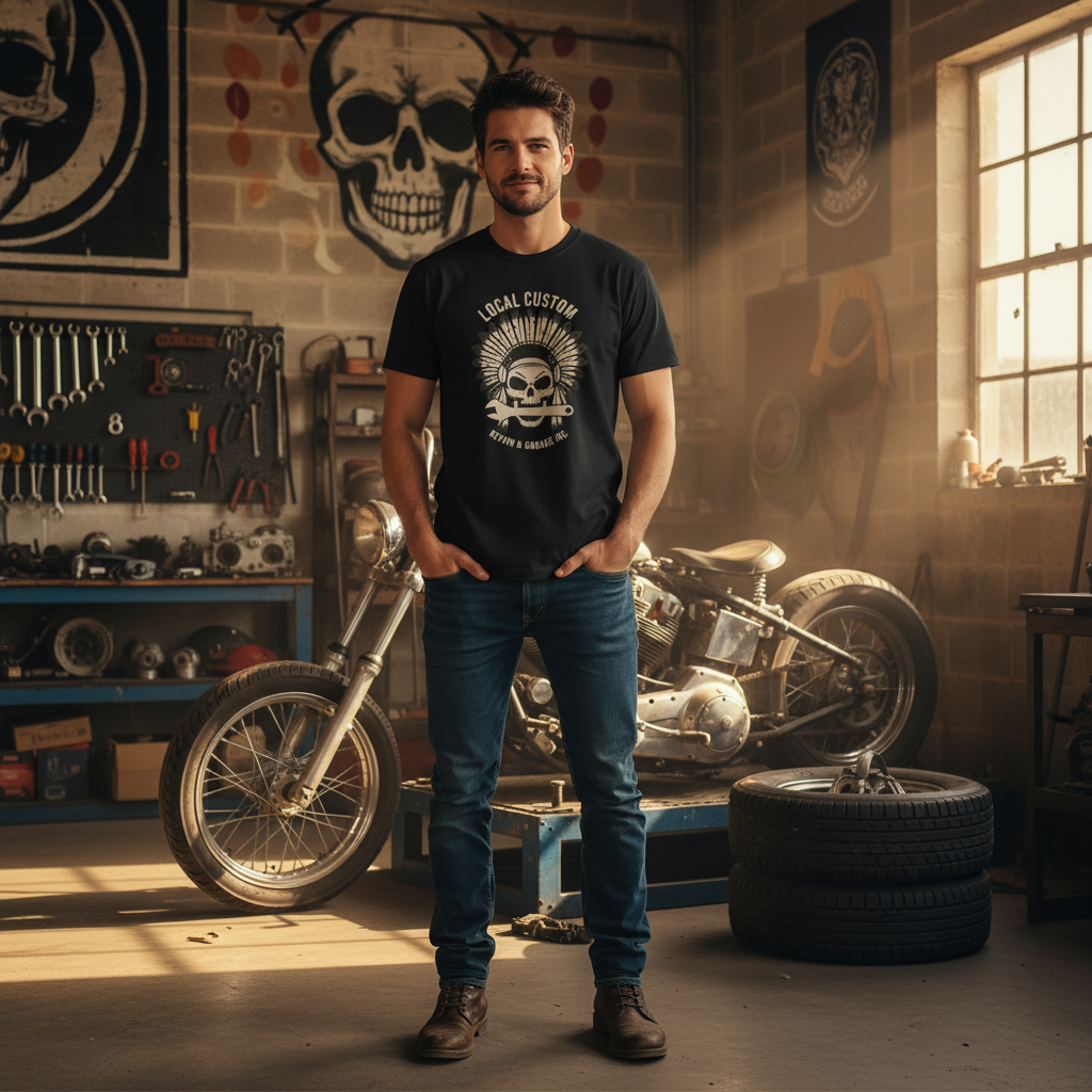 Unisex Motorcycle Skull Headdress Tee With Wrench Emblem And Local Custom Garage Logo Design