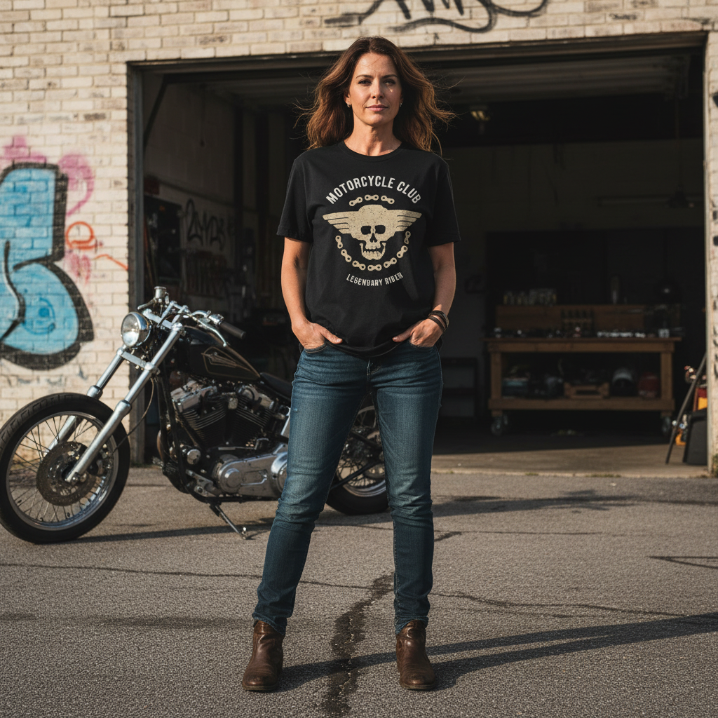 Unisex Motorcycle Club Graphic Tee With Winged Skull Emblem And Chain Design Print