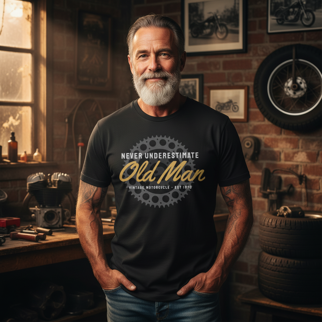 Old Man Motorcycle Gear Graphic T Shirt For Cyclists Unisex Casual Tee With Vintage Style And Comfort