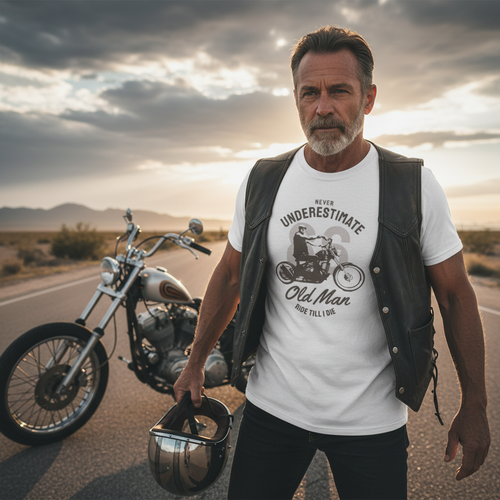 Unisex Motorcycle Rider T Shirt Featuring Never Underestimate Old Man Ride Till I Die Graphic