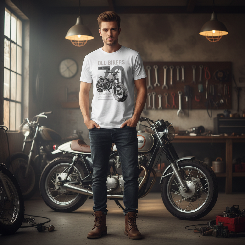 Old Bikers Road Tested Vintage Motorcycle Club Graphic Tee Featuring Classic Motorcycle Illustration