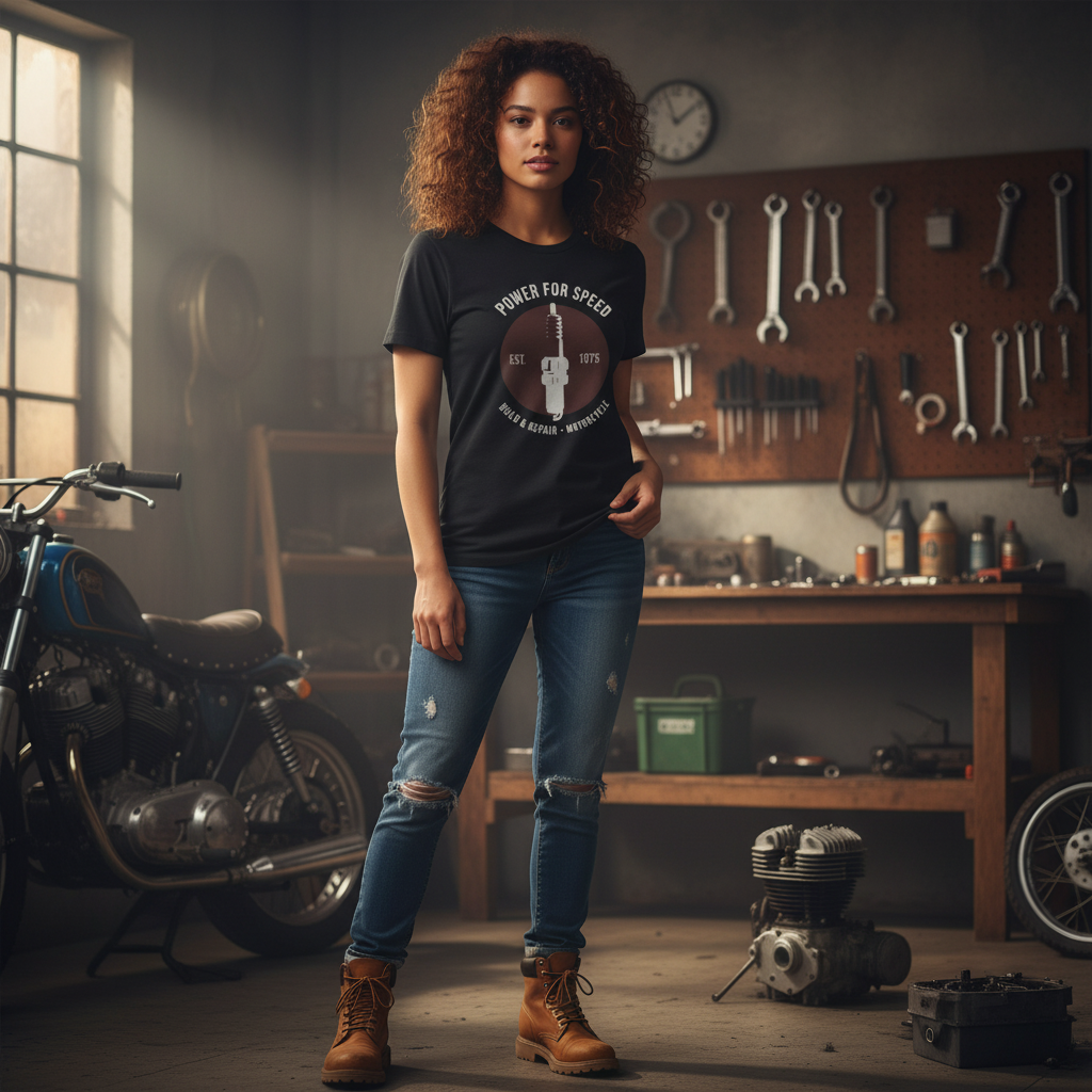 Power For Speed Motorcycle Emblem Unisex T Shirt With Spark Plug Circle Design Est. 1975