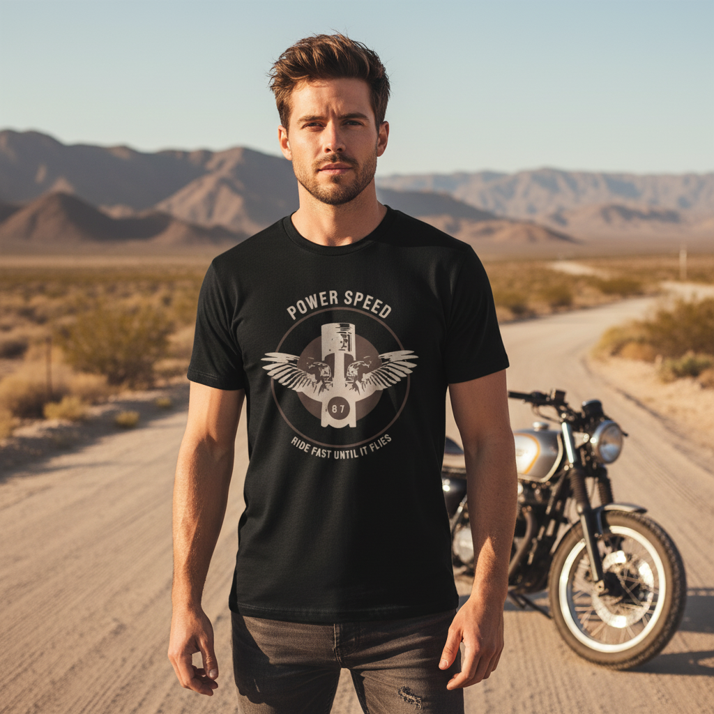 Unisex Motorcycle T Shirt With Vintage Power Speed Emblem And Wings Design Ride Fast Theme