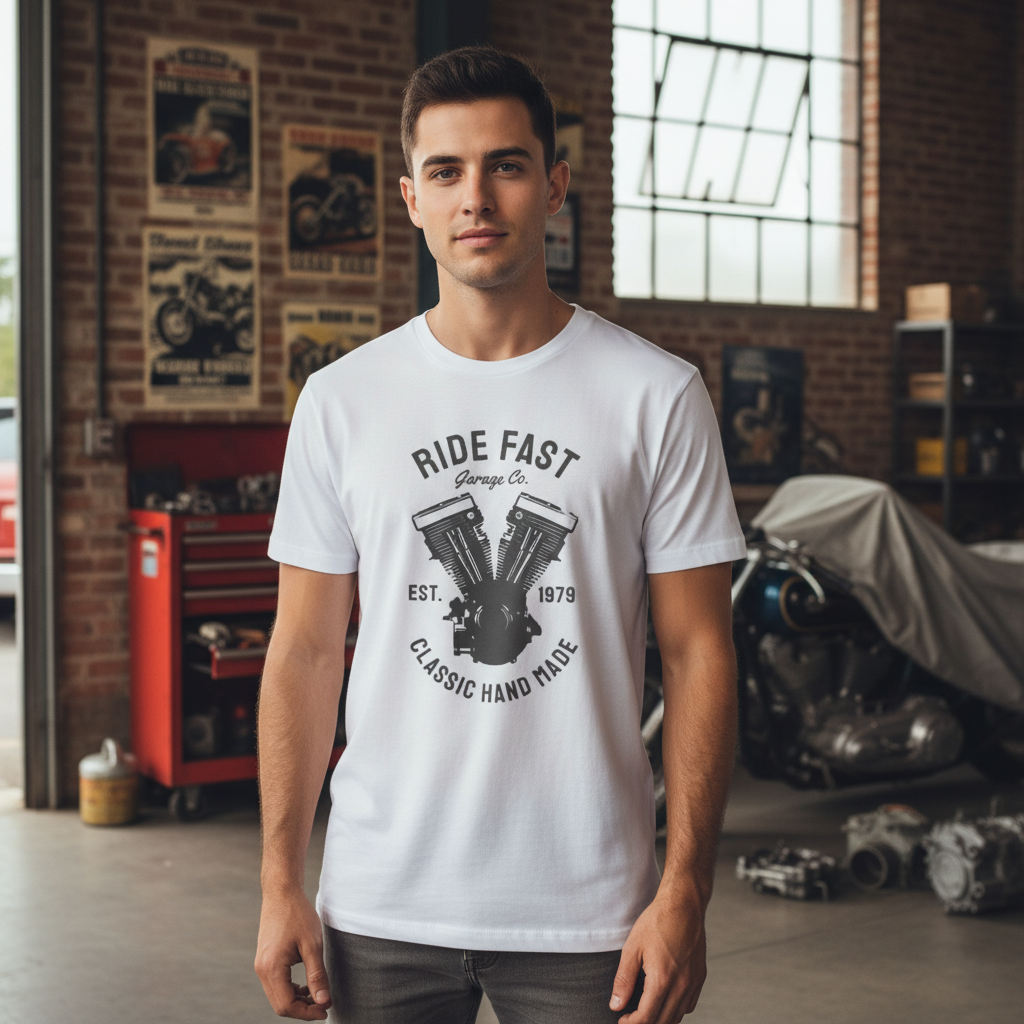 Ride Fast Garage Co V Twin Engine Graphic T Shirt Unisex Motorcycle Enthusiasts Est 1979 Classic Hand Made